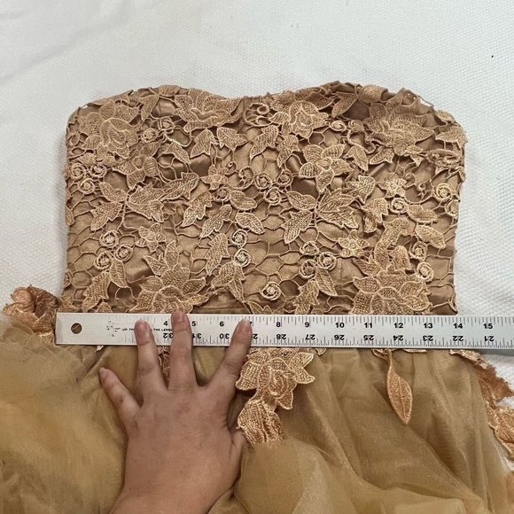 JS Collections Ethereal Champagne Floral Lace Tulle‎ Strapless Dress - Picture 8 of 11